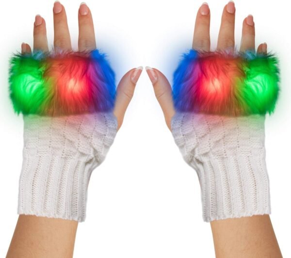 LED Light Up White Fuzzy Half Finger Gloves - For Christmas, Birthday, Glow in the Dark Party, Raves EDM