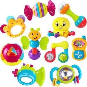 iPlay, iLearn 10pcs Baby Rattles Teether, Shaker, Grab and Spin Rattle, Musical Toy Set, Early Educational Toys for 3, 6, 9, 12 Month Baby Infant, Newborn