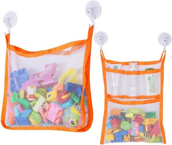 SUNDOKI Bath Toy Organizer, Bath Toy Holder Storage Bags with 4 Suction Cup Hooks and 2 Bath Toy Nets for Kids, Toddlers and Adults (Orange)