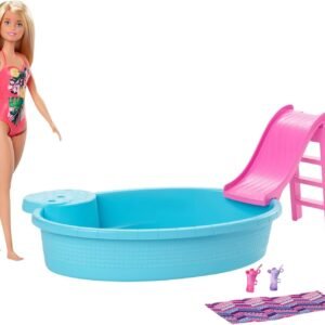 ?Barbie Doll, 11.5-Inch Blonde, and Pool Playset with Slide and Accessories, Gift for 3 to 7 Year Olds