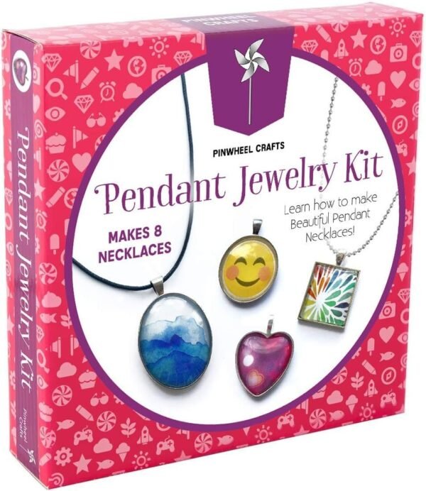 Pinwheel Crafts Jewelry Making Kit for Girls - Jewelry Craft Kit, Custom Glass Pendant Necklace Set for Kids or Teen Girl Gifts, Make 8 Necklaces with Step-by-Step Instructions and Craft Supplies