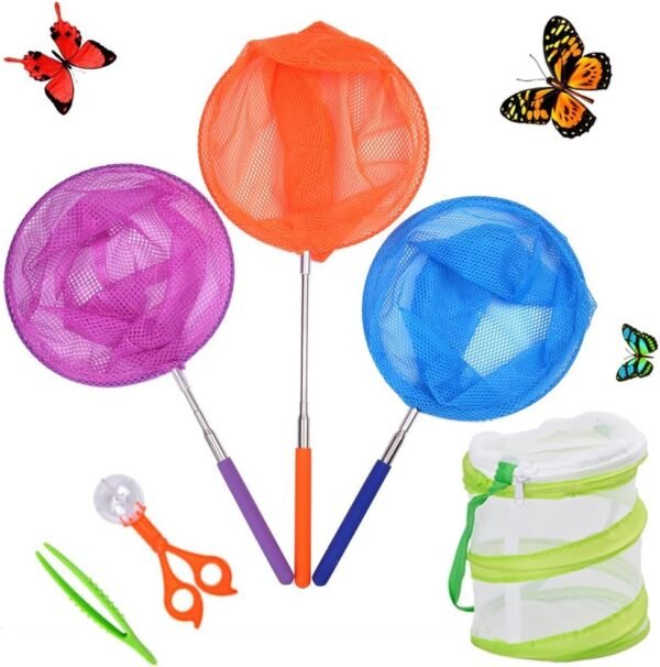 DEWEL 3 Pack Colored Telescopic Butterfly Nets for Kids Bug Insect Catching Net Extendable 34 Inches,Pop up Insect Mesh Cage,Butterfly Tweezers