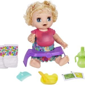 Baby Alive Happy Hungry Baby Blond Curly Hair Doll, Makes 50+ Sounds & Phrases, Eats & Poops, Drinks & Wets, for Kids Age 3 & Up