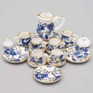 Odoria 1:12 Miniature 15PCS Blue Porcelain Chintz Tea Cup Set with Golden Trim Dollhouse Kitchen Accessories