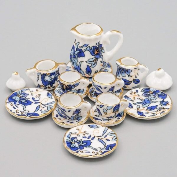 Odoria 1:12 Miniature 15PCS Blue Porcelain Chintz Tea Cup Set with Golden Trim Dollhouse Kitchen Accessories
