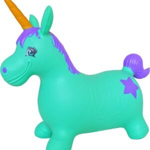 AppleRound Unicorn Bouncer with Hand Pump, Inflatable Space Hopper, Ride-on Bouncy Animal (Turquoise)