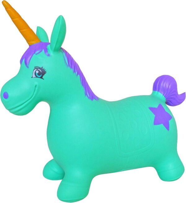 AppleRound Unicorn Bouncer with Hand Pump, Inflatable Space Hopper, Ride-on Bouncy Animal (Turquoise)
