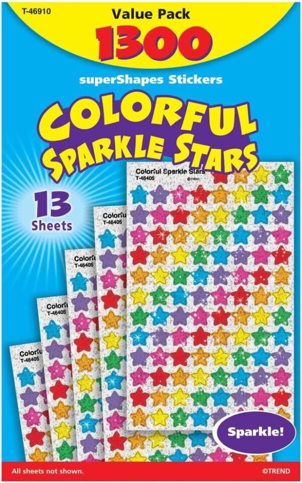 Trend Enterprises Sparkle Stars Stickers - 1/4 to 1/2 inches - Set of 1,300 - Red, Blue, Gold, Silver