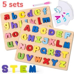 Joyjoz Wooden Alphabet Puzzles, ABC Puzzle Block for Toddlers 1-6, Kids Letter Puzzle Board Early Educational Learning Toys, Gifts for Girls Boys, with ABC Flash Cards, Storage Bag (5 Set)