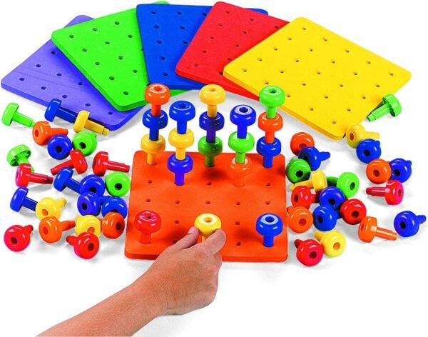 Fun Express Stack It Peg Game with Board Occupational Therapy for Austism, Various Colors, (1 Board and 30 Pegs)