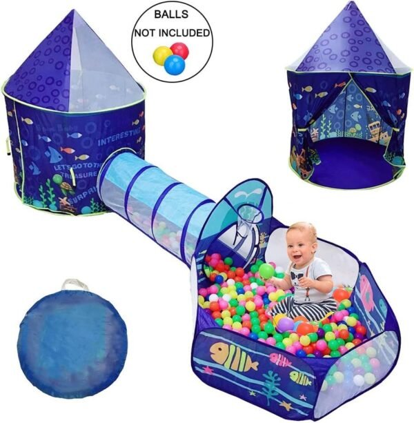 LOJETON 3pc Ocean World Kids Play Tent, Tunnel & Ball Pit with Basketball Hoop for Boys, Girls and Toddlers - Indoor/Outdoor Playhouse, Lightweight, Easy to Setup