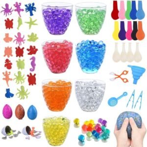 70,000+ Water Beads, 7 Colors Jelly Sensory Growing Beads with 20 Ocean Sea Animals, 5 Dinosaur Eggs, 14 Balloons, 1 Funnel, 1 Scoops 2 Tweezers and 1 Spoon for Kids Sensory