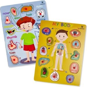 Gleeporte Wooden Peg Puzzle, My Body - Inside & Outside Parts - Pack of 2 Learning Educational Pegged Puzzle Boards for Toddler & Kids - (Set of 2)