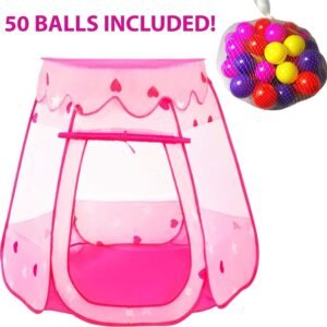 Playz Ball Pit Princess Castle Play Tents for Girls w/ Glow in The Dark Stars & 50 Balls - Pop Up Children Play Tent for Indoor & Outdoor Use Beautiful Playland Playhouse Tent w/ Zipper Storage Case