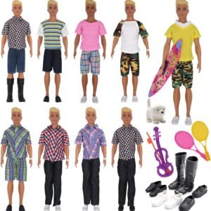 EuTengHao 25Pcs Doll Clothes and Accessories for 12 Inch Boy Dolls Includes 16 Different Wear Clothes Shirt Jeans,4 Pairs of Shoes for 12'' Boyfriend Doll,and Dog,2 Tennis Racket,Violin and Surfboard