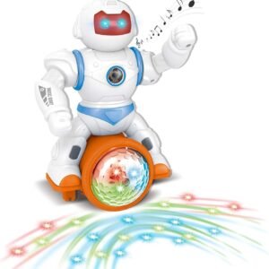 Vokodo Musical Dancing Robot with Disco Ball Flashing Lights Self Riding Plays Happy Tunes Kids Music Box Nonstop Fun Action Battery Operated Toy Great Gift for Preschool Children Boys Girls Toddlers