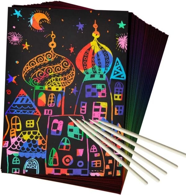 ZMLM Scratch Art Set, 50 Piece Rainbow Magic Scratch Paper for Kids Black Scratch Off Art Crafts Notes Boards Sheet with 5 Wooden Stylus for Easter Party Game?Christmas Birthday Gift