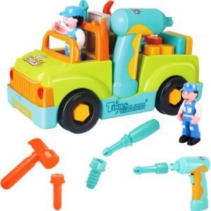 Zooawa Little Mechanic Tool Truck Car Toy for Kids Birthday Gift Present, Battery Operated Bump and Go Action Toy Car with Music Electric Drill and Power Tools - Colorful