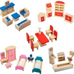 Giragaer 5 Set Colorful Wooden Doll House Furniture, Wood Miniature Bathroom/ Living Room/ Dining Room/ Bedroom/ Kitchen House Furniture Dollhouse Doll Decoration Accessories Pretend Play Kids Toy