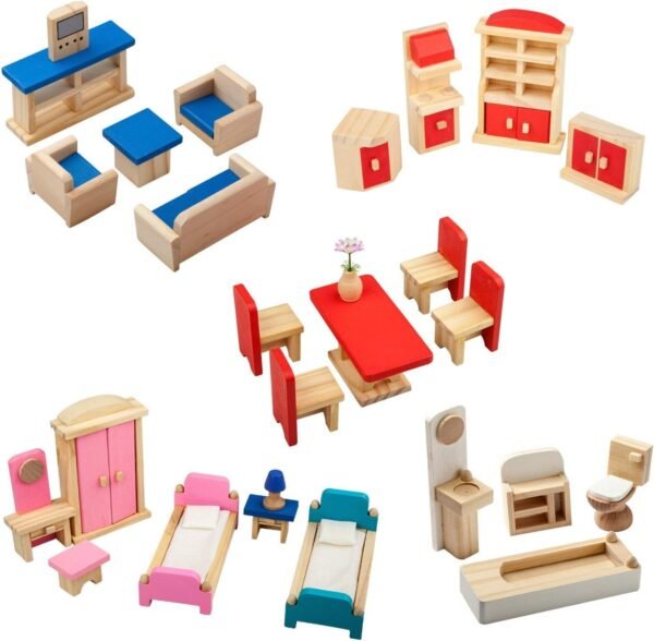 Giragaer 5 Set Colorful Wooden Doll House Furniture, Wood Miniature Bathroom/ Living Room/ Dining Room/ Bedroom/ Kitchen House Furniture Dollhouse Doll Decoration Accessories Pretend Play Kids Toy