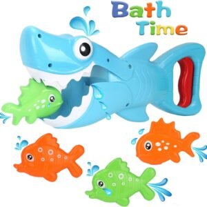 Bammax Bath Toys, Shark Grabber Baby Bath Toy Set Bathtub Toy, Great White Shark with Teeth Biting Action Include 4 Floating Fish Pool Bathroom Bath Time Tub Shark Bath Toy Game for Toddler Infant kid