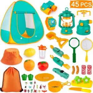 AOKIWO 45PCS Kids Camping Tent Set, Pop Up Play Tent with Camping Gear Tools Indoor Outdoor Pretend Play Set for Toddler Boys/Girls - Including Telescope, Walkie Talkie, Camping Tent, Stove, and etc