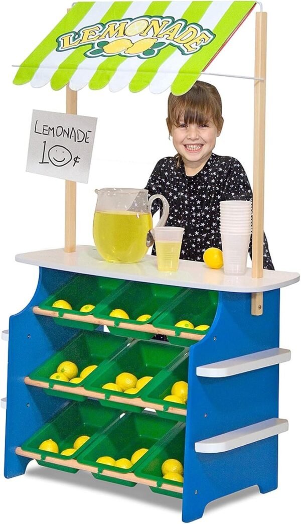 Melissa & Doug Wooden Grocery Store and Lemonade Stand - Reversible Awning, 9 Bins, Chalkboards