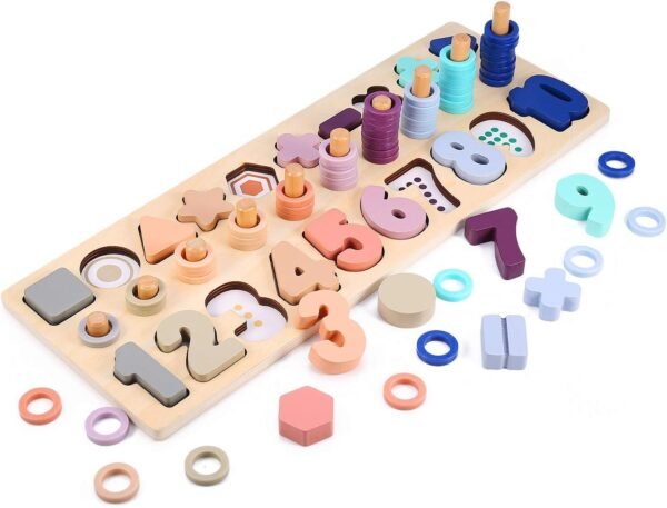Voamuw Wooden Number Puzzle Sorting Stacking Toys for Toddlers - Shape Sorter Counting Game for Age 2 3 4 5 Year olds Kids - Preschool Education Math Stacking Block Learning Wood Chunky Jigsaw