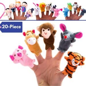 BETTERLINE 20-Piece Story Time Finger Puppets Set - Cloth Velvet Puppets - 14 Animals and 6 People Family Members