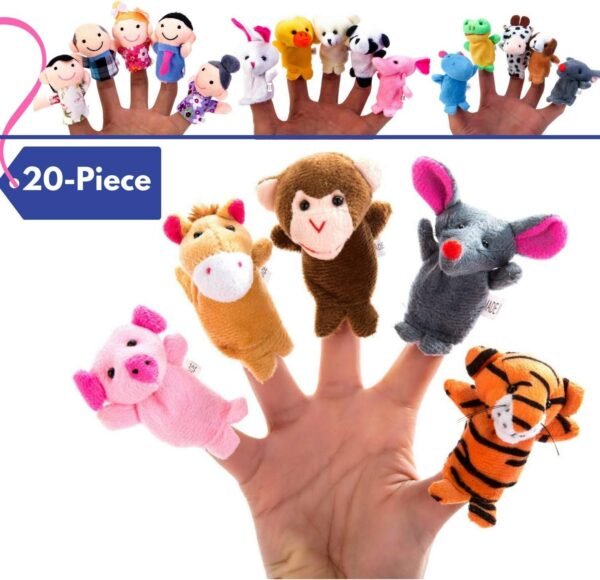 BETTERLINE 20-Piece Story Time Finger Puppets Set - Cloth Velvet Puppets - 14 Animals and 6 People Family Members