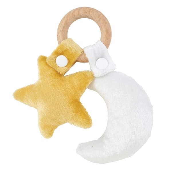Stephan Baby Natural Beech Wood + Plush Teething Toy, Star + Moon