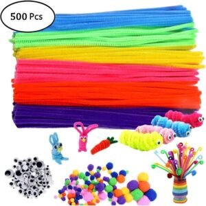 500Pcs Pipe Cleaners Craft Set,Including 100 Pcs Chenille Stems 200 Pcs Pom Poms Craft 200 Pcs Wiggle Googly Eyes Self Adhesive,Assorted Colors and Assorted Sizes for DIY Art Craft