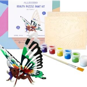Allessimo 3D Paint Puzzle Reality Wooden (Butterfly - 16pcs) Model Paint Kit with Brush Toys for Kids Puzzle Build 3D Puzzles Educational Crafts Building DIY
