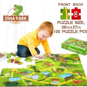 Kids Floor Puzzle, Dina Park 100 Piece Dinosaur World Jigsaw Puzzle 38? L x 27? W with 1:1 Dinosaur Map for Kids Boys Girls Toddlers Ages 3-12