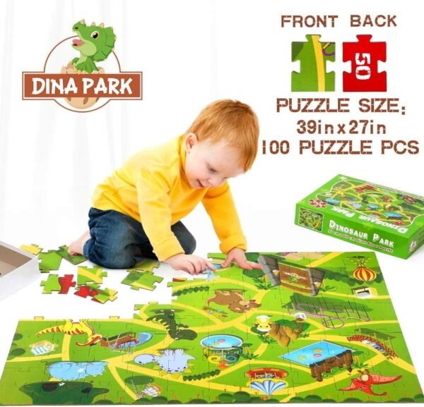 Kids Floor Puzzle, Dina Park 100 Piece Dinosaur World Jigsaw Puzzle 38? L x 27? W with 1:1 Dinosaur Map for Kids Boys Girls Toddlers Ages 3-12
