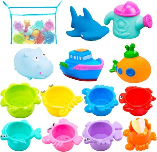 INNOCHEER Bath Toys and Stacking Cups for Toddlers with Quick Dry Organizer Net-13 Pcs Early Educational Toy for Bathtub Game, Beach and Pool Party