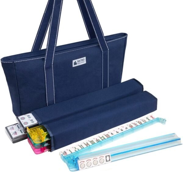 American Mah Jongg Set - 166 Premium White Tiles, 4 All-in-One Rack/Pushers, Blue Canvas Bag