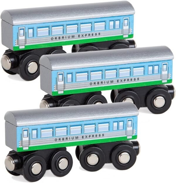 Orbrium Toys 3 Pcs Large Wooden Railway Express Coach Cars, Fits Thomas The Tank Engine, Brio, Chuggington Wooden Train