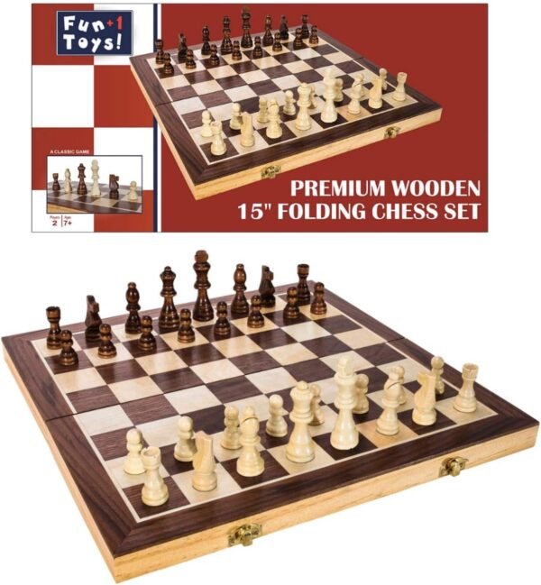 Fun+1 Toys! Classic Wooden Chess Set - Wooden Chess Board and Staunton Style Wood Pieces - Board Game Set for Adults and Kids - 15 x 15 Inches