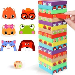 Lewo Colored Stacking Game Wooden Building BlocksTower Board Games for Kids Adults 54 Pieces (Colorful Stacking Gane)