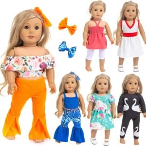 Ecore Fun 6 Sets 18 Inch Doll Clothes Casual Outfits for American 18 Inch Girl Doll, Generation Doll - 2 Hairclips + 2 Briefs + 2 Dresses + 4 Tops + 4 Pants