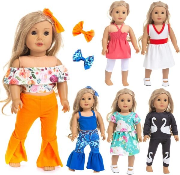 Ecore Fun 6 Sets 18 Inch Doll Clothes Casual Outfits for American 18 Inch Girl Doll, Generation Doll - 2 Hairclips + 2 Briefs + 2 Dresses + 4 Tops + 4 Pants