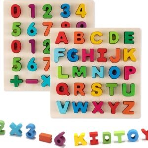 Jamohom Wooden Number Puzzle and Alphabet Puzzle Set Ideal for Early Educational Learning Puzzle Board Toys for Kids 2 Sets