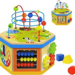 TOP BRIGHT Activity Cube Toys Baby Wooden Bead Maze Shape Sorter 7-in-1 Toys for 1 Year Old Boy and Girl Toddlers Gift
