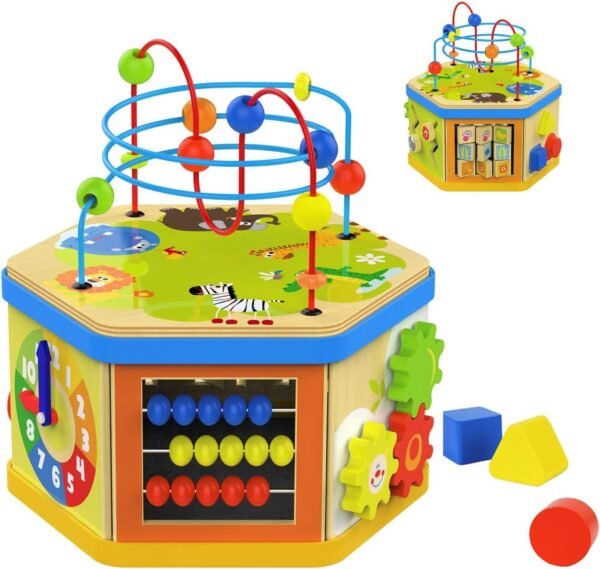 TOP BRIGHT Activity Cube Toys Baby Wooden Bead Maze Shape Sorter 7-in-1 Toys for 1 Year Old Boy and Girl Toddlers Gift