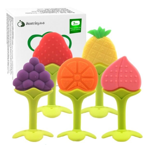 Nearbyme Baby Teething Toys, Soft Silicone Fruit Teether Set with Pacifier Clip / Holder for Toddlers & Infants, 5 Pack