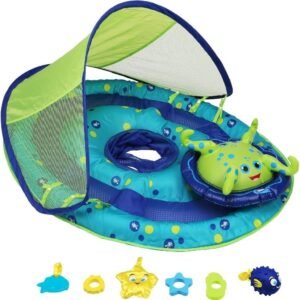 SwimWays Baby Spring Float Activity Center with Canopy - Inflatable Float for Children with Interactive Toys and UPF Sun Protection - Blue/Green Octopus