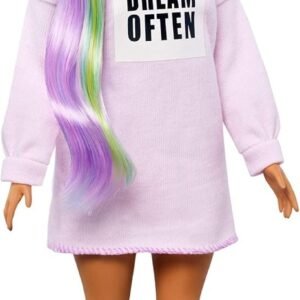 Barbie Fashionistas Doll with Long Rainbow Hair Wearing Sweatshirt Dress and Accessories, for 3 to 8 Year Olds?