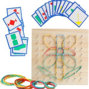 Wooden Geoboard Mathematical Manipulative Material Array Block Geo Board Graphical Educational Toys with 24Pcs Pattern Cards and Rubber Bands Shape STEM Puzzle Matrix 8x8 Brain Teaser Gift for Kid