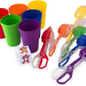 Skoolzy Fine Motor Skills Toys - Sensory Bin Color Sorting Toys for Toddlers Tools Set - Rainbow Cups, Dice and Scoop Tongs for Kids 15pc Montessori Materials Kit